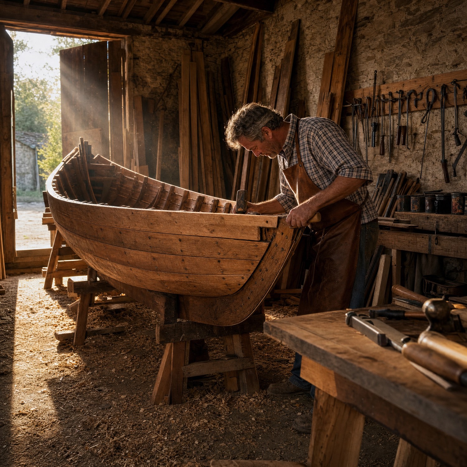Un artisan charpentier au travail dans l'atelier de l'association — lumière ambrée, copeaux de bois, outils traditionnels