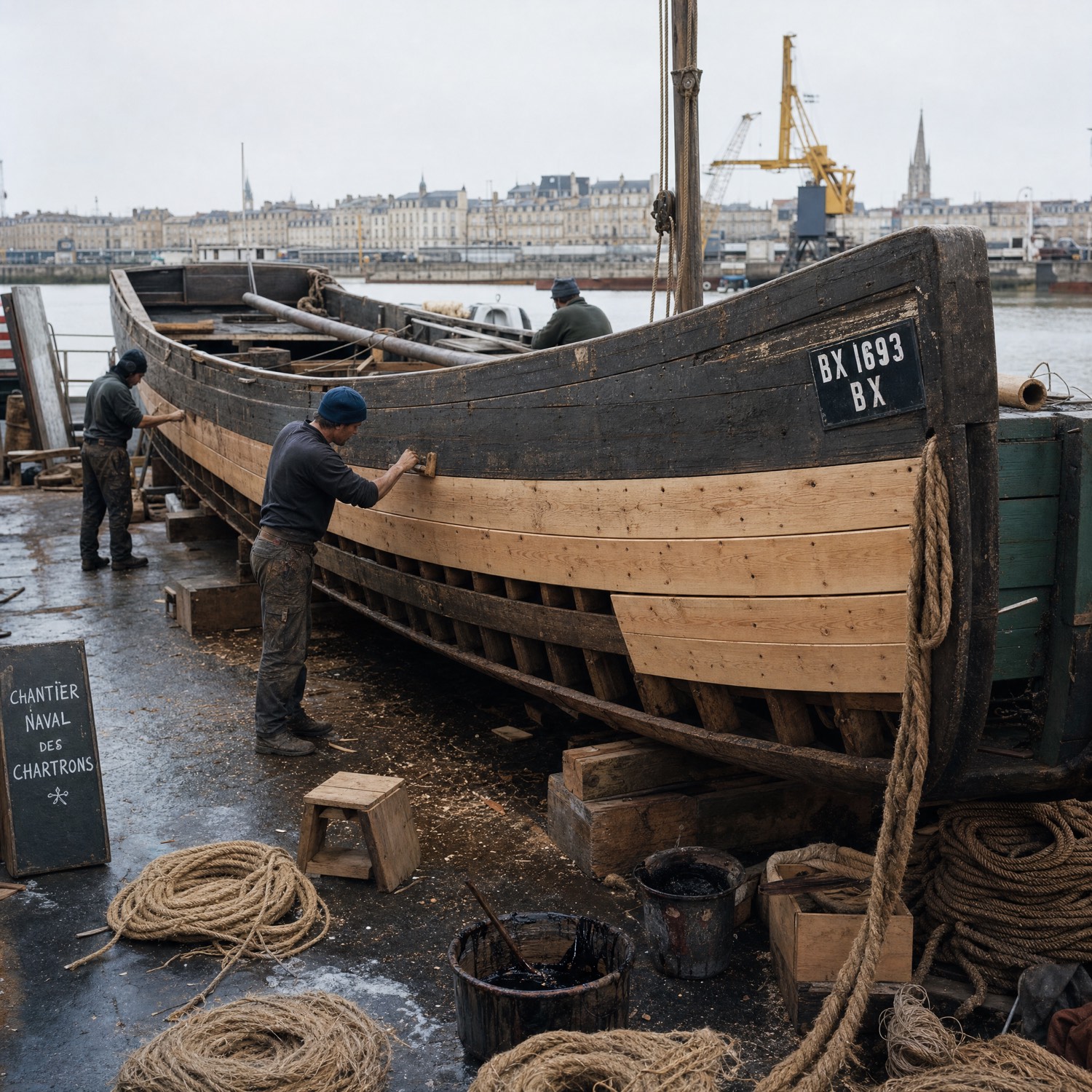 Une gabare traditionnelle en restauration dans un chantier naval à ciel ouvert sur les quais de Bordeaux