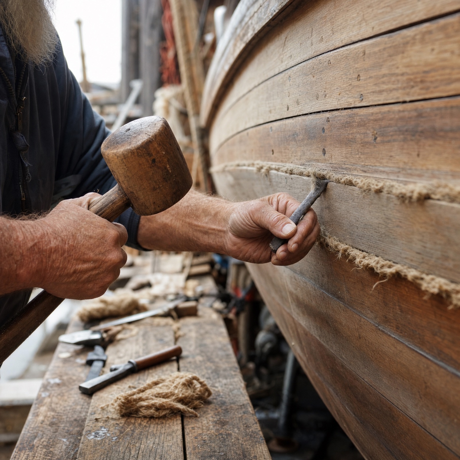 Mains d'artisan tenant des outils de calfatage traditionnels sur une coque de bateau en bois