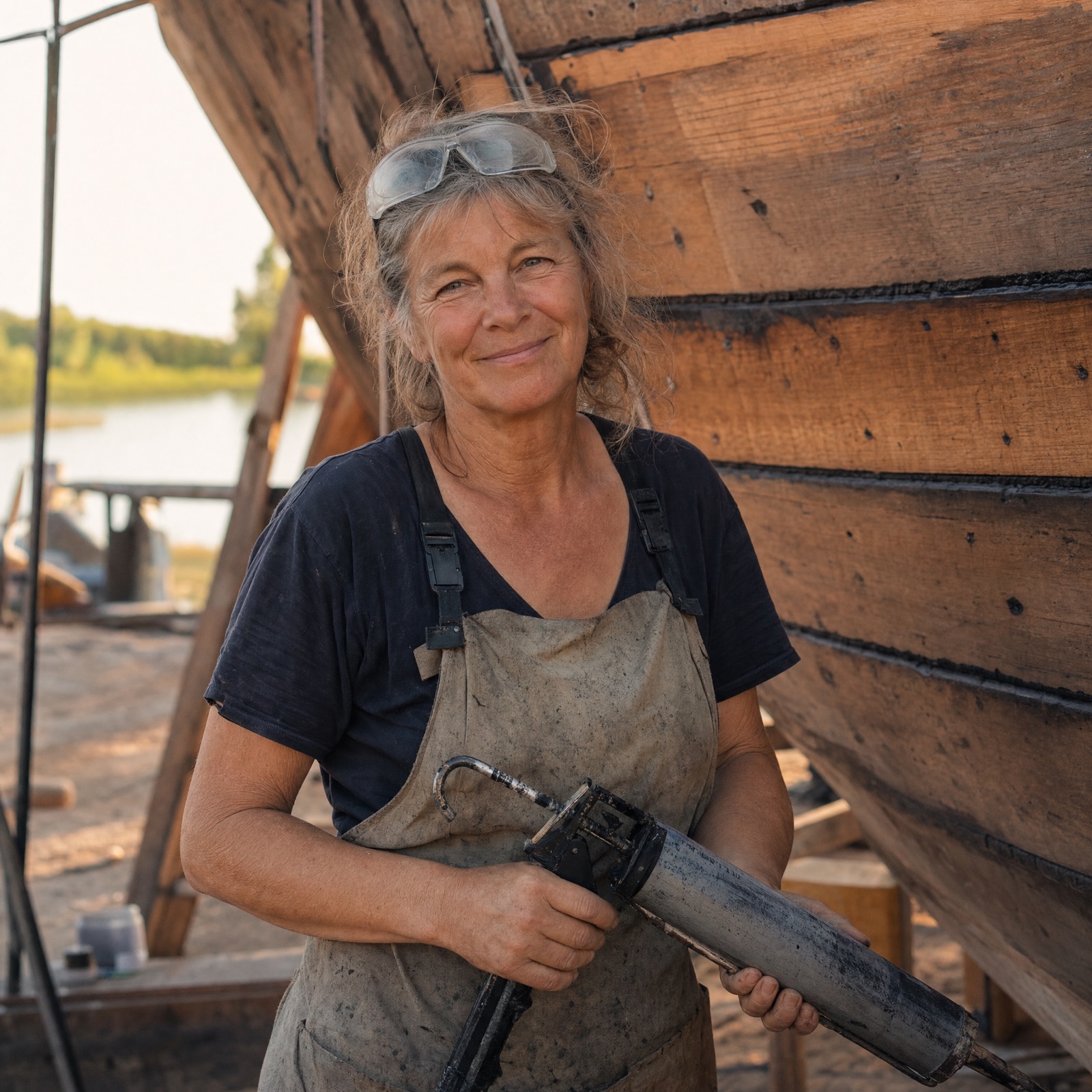 Portrait d'une femme d'une soixantaine d'années portant des lunettes de protection dans un chantier naval