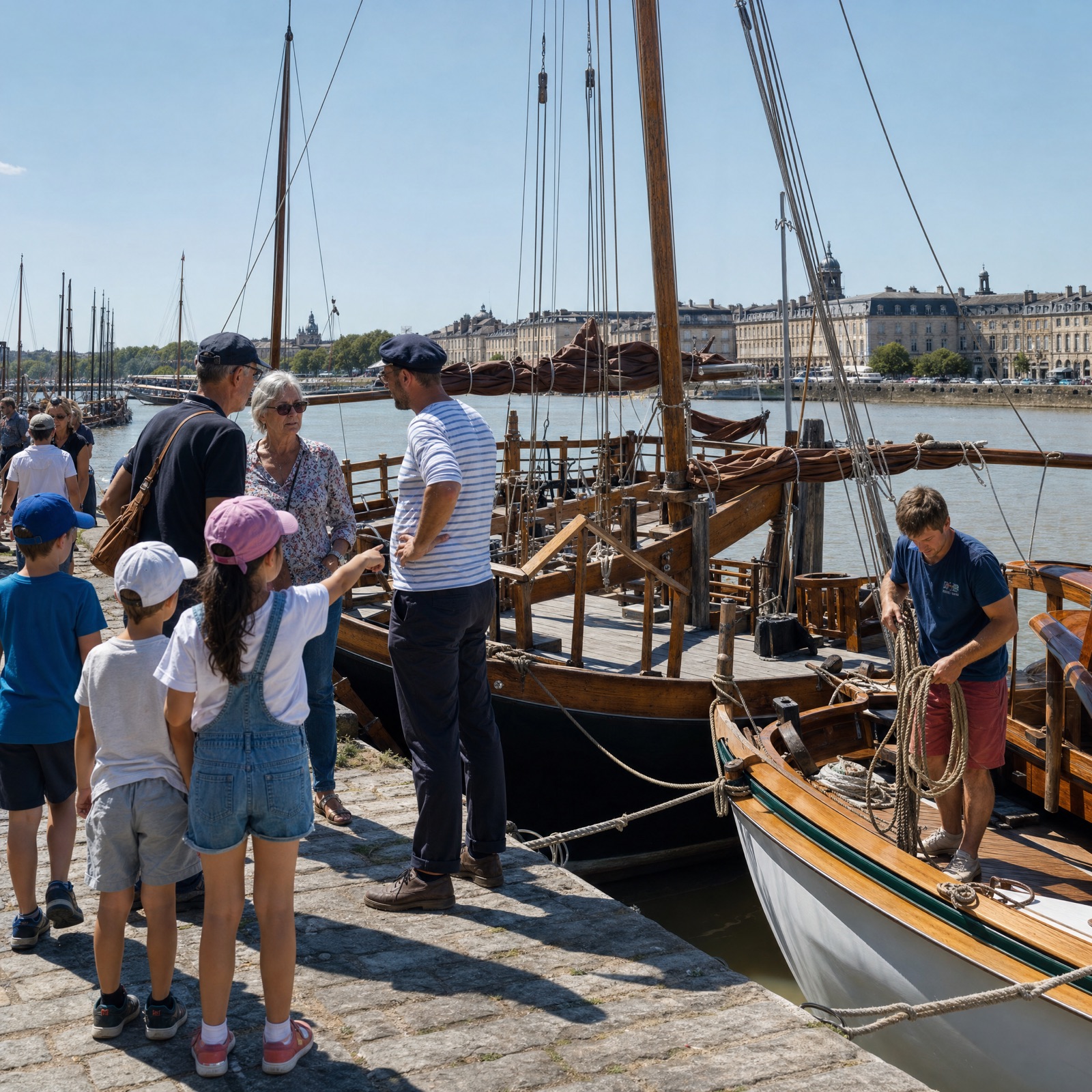 Rassemblement de voile traditionnelle sur les quais de la Garonne — spectateurs et équipages se mêlent autour des bateaux restaurés