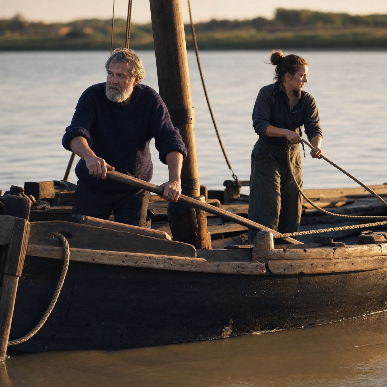 Une gabare traditionnelle navigue sur la Gironde à l'heure dorée, deux membres d'équipage manœuvrent l'embarcation aux flancs goudronnés