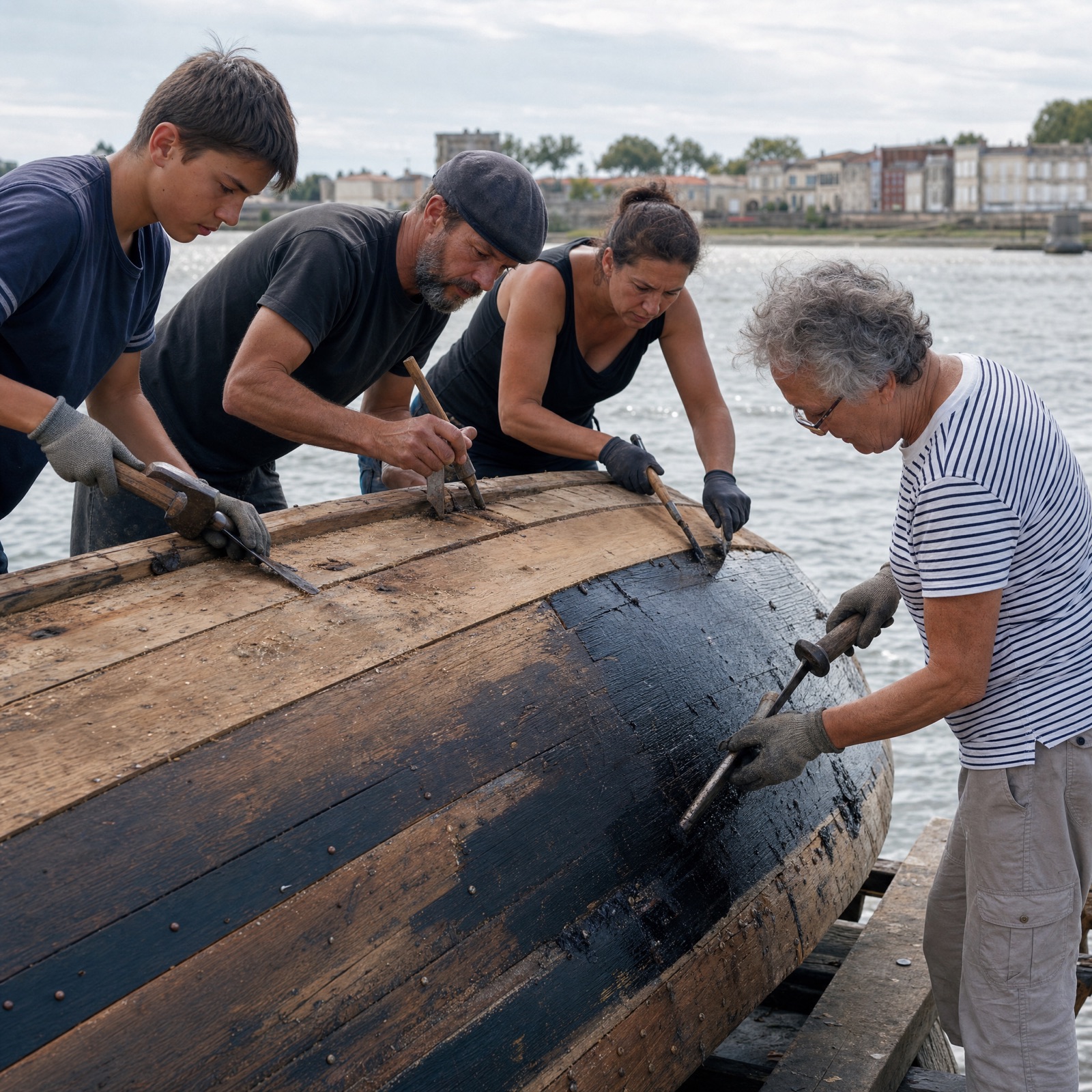 Un chantier participatif au bord de l'estuaire girondin — quatre personnes de tous âges travaillent côte à côte sur la coque d'un bateau en bois renversé